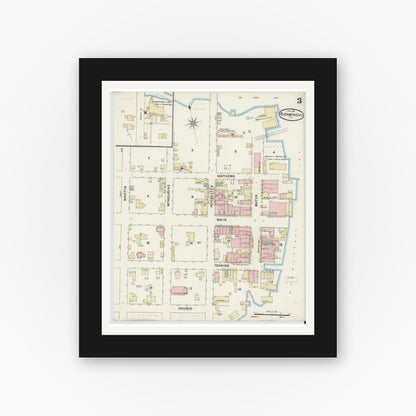 Old map wall art mockup — black gallery frame with white mat — Sanborn Fire Insurance Map from Elizabeth City, Pasquotank County, North Carolina (1891), Sheet #0003