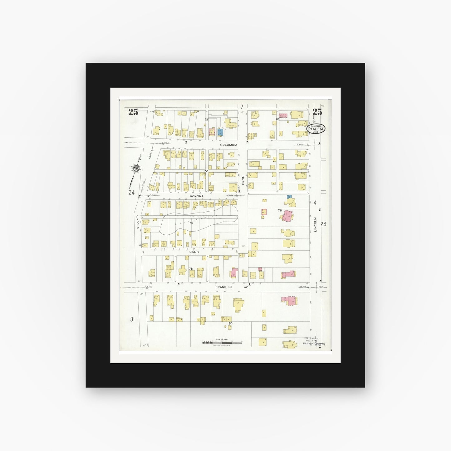 Old map wall art mockup — black gallery frame with white mat — Sanborn Fire Insurance Map from Salem, Columbiana County, Ohio (1926), Sheet #0025