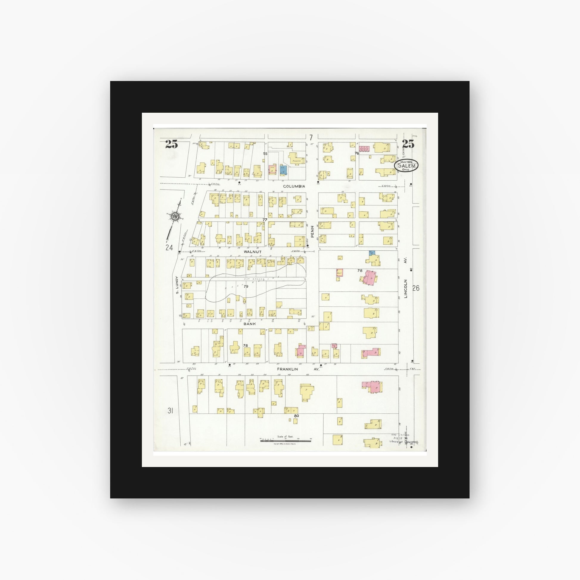 Old map wall art mockup — black gallery frame with white mat — Sanborn Fire Insurance Map from Salem, Columbiana County, Ohio (1926), Sheet #0025