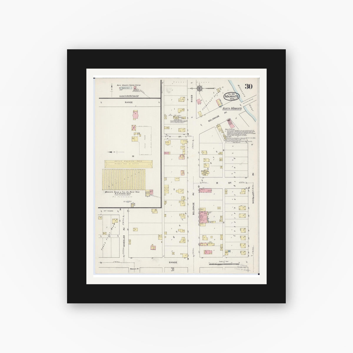 Old map wall art mockup — black gallery frame with white mat — Sanborn Fire Insurance Map from Mankato, Blue Earth County, Minnesota (1914), Sheet #0030