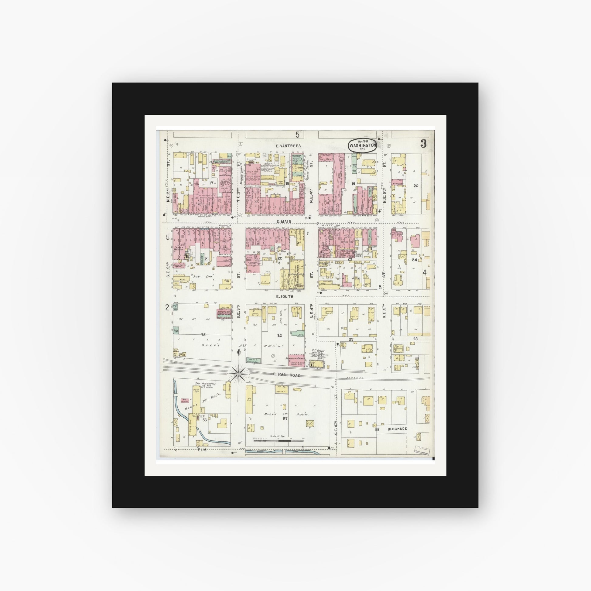 Old map wall art mockup — black gallery frame with white mat — Sanborn Fire Insurance Map from Washington, Daviess County, Indiana (1896), Sheet #0003