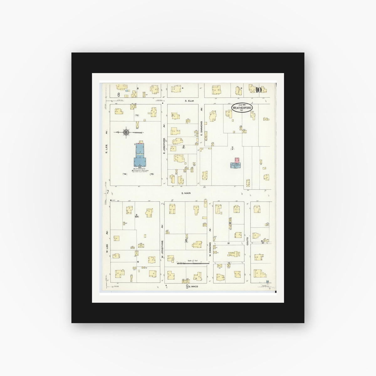 Old map wall art mockup — black gallery frame with white mat — Sanborn Fire Insurance Map from Weatherford, Parker County, Texas (1910), Sheet #0010