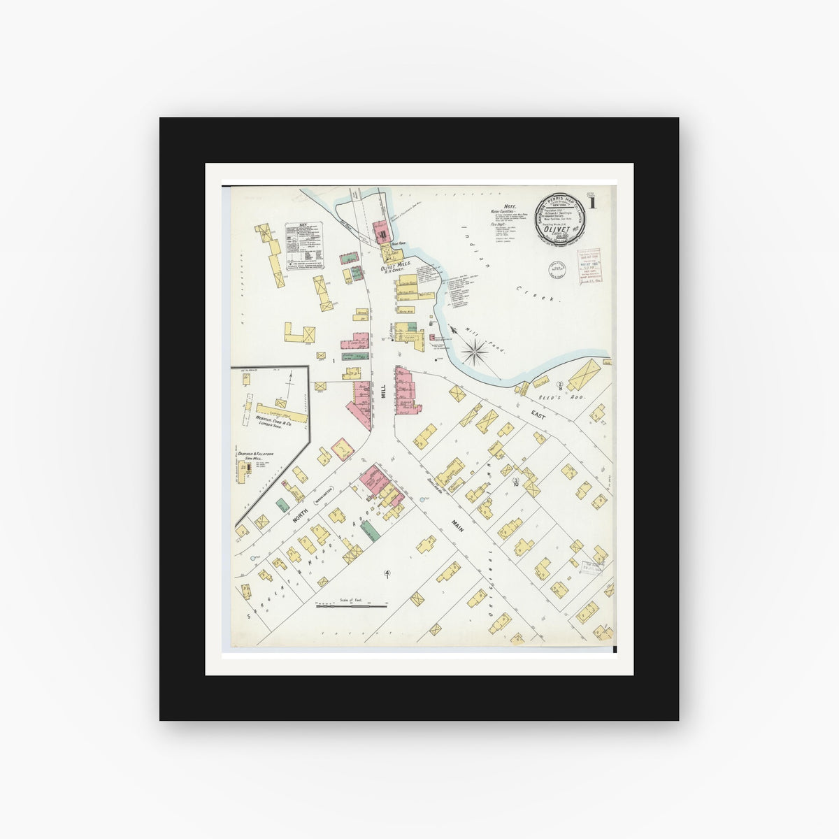 Old map wall art mockup — black gallery frame with white mat — Sanborn Fire Insurance Map from Olivet, Eaton County, Michigan (1900), Sheet #0001