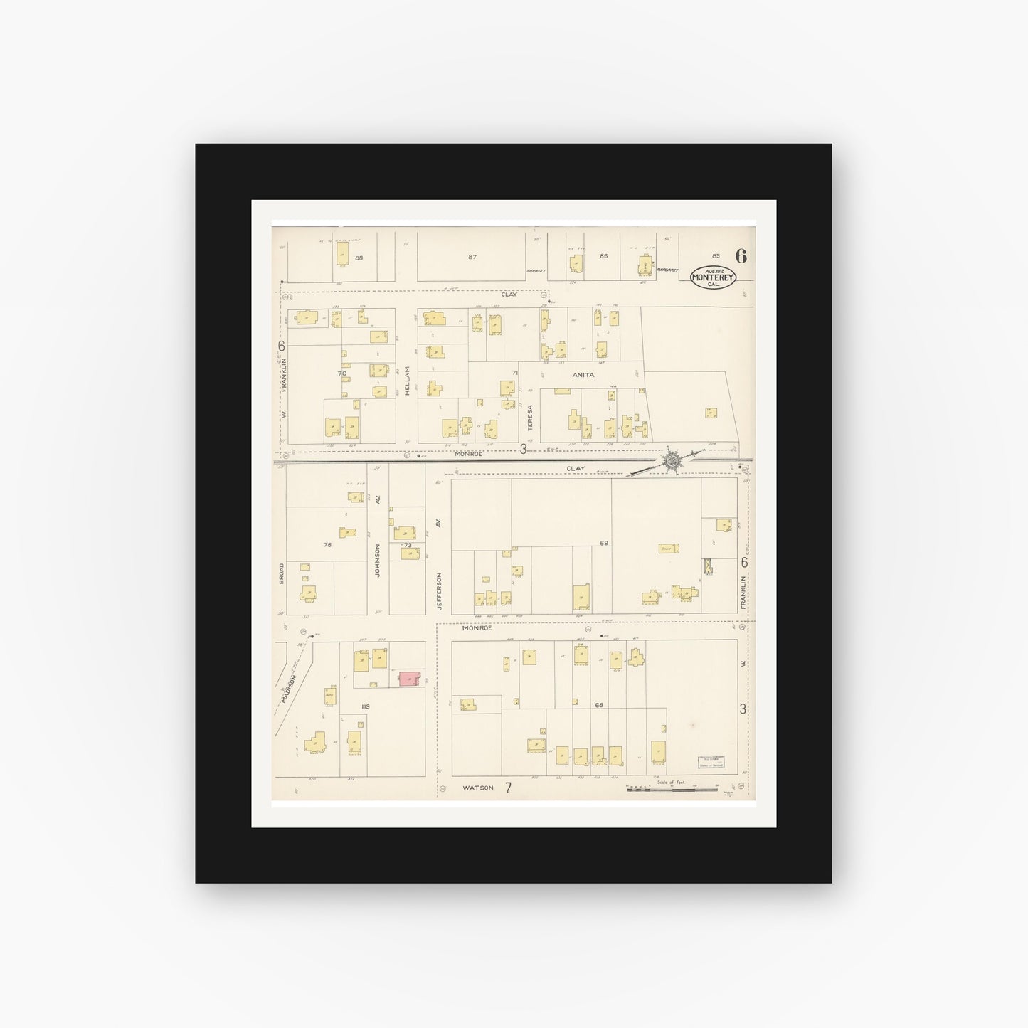 Old map wall art mockup — black gallery frame with white mat — Sanborn Fire Insurance Map from Monterey, Monterey County, California (1912), Sheet #0006