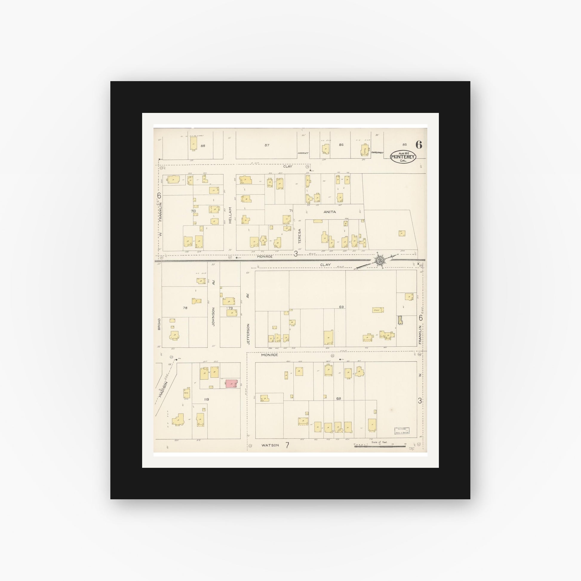 Old map wall art mockup — black gallery frame with white mat — Sanborn Fire Insurance Map from Monterey, Monterey County, California (1912), Sheet #0006