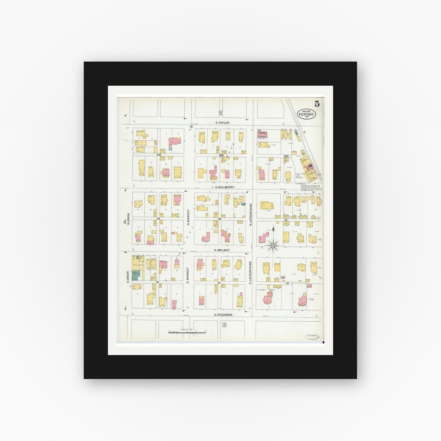 Old map wall art mockup — black gallery frame with white mat — Sanborn Fire Insurance Map from Kokomo, Howard County, Indiana (1902), Sheet #0005