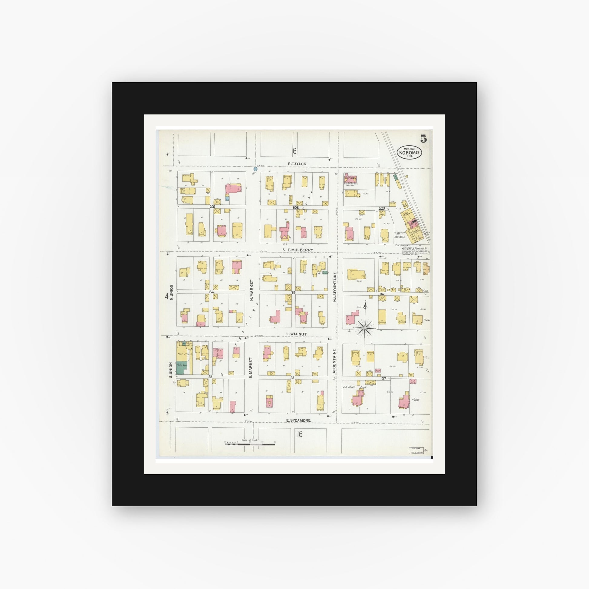 Old map wall art mockup — black gallery frame with white mat — Sanborn Fire Insurance Map from Kokomo, Howard County, Indiana (1902), Sheet #0005