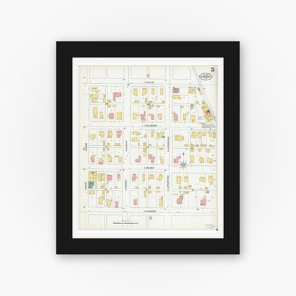 Old map wall art mockup — black gallery frame with white mat — Sanborn Fire Insurance Map from Kokomo, Howard County, Indiana (1902), Sheet #0005