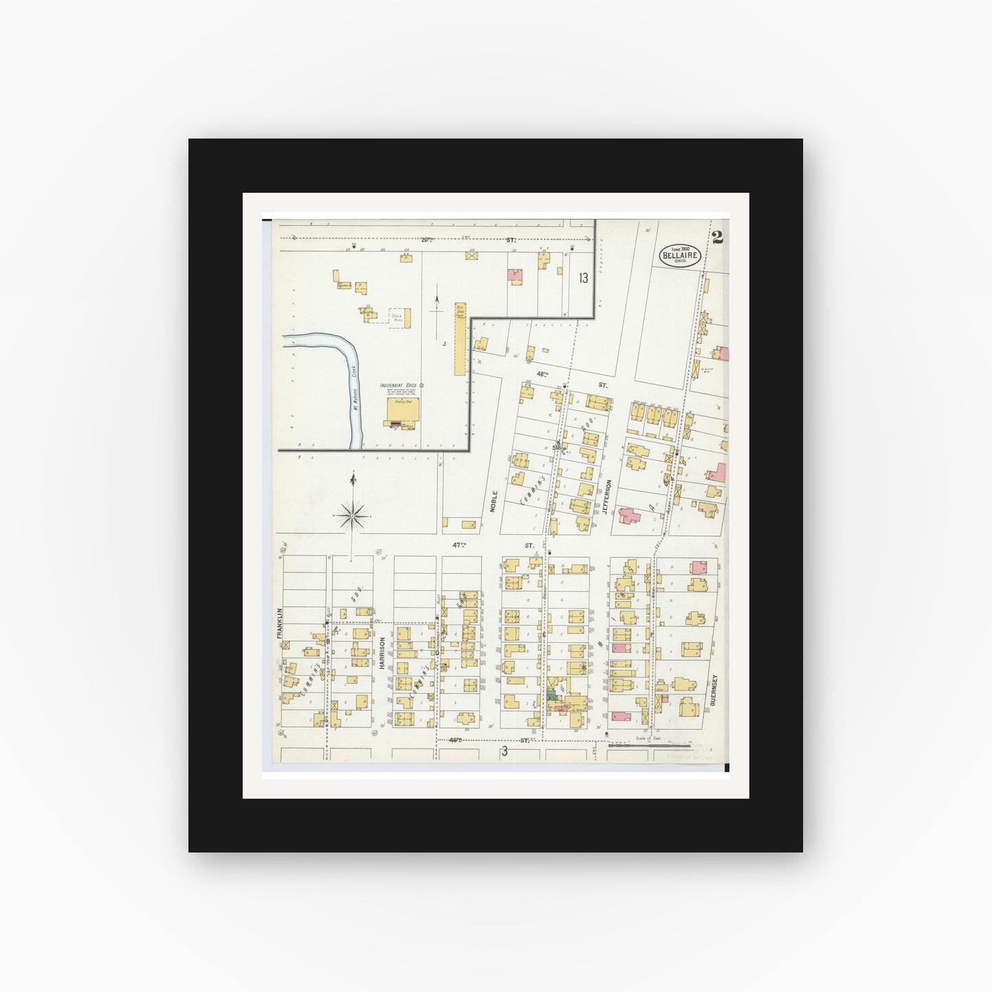 Old map wall art mockup — black gallery frame with white mat — Sanborn Fire Insurance Map from Bellaire, Belmont County, Ohio (1900), Sheet #0002