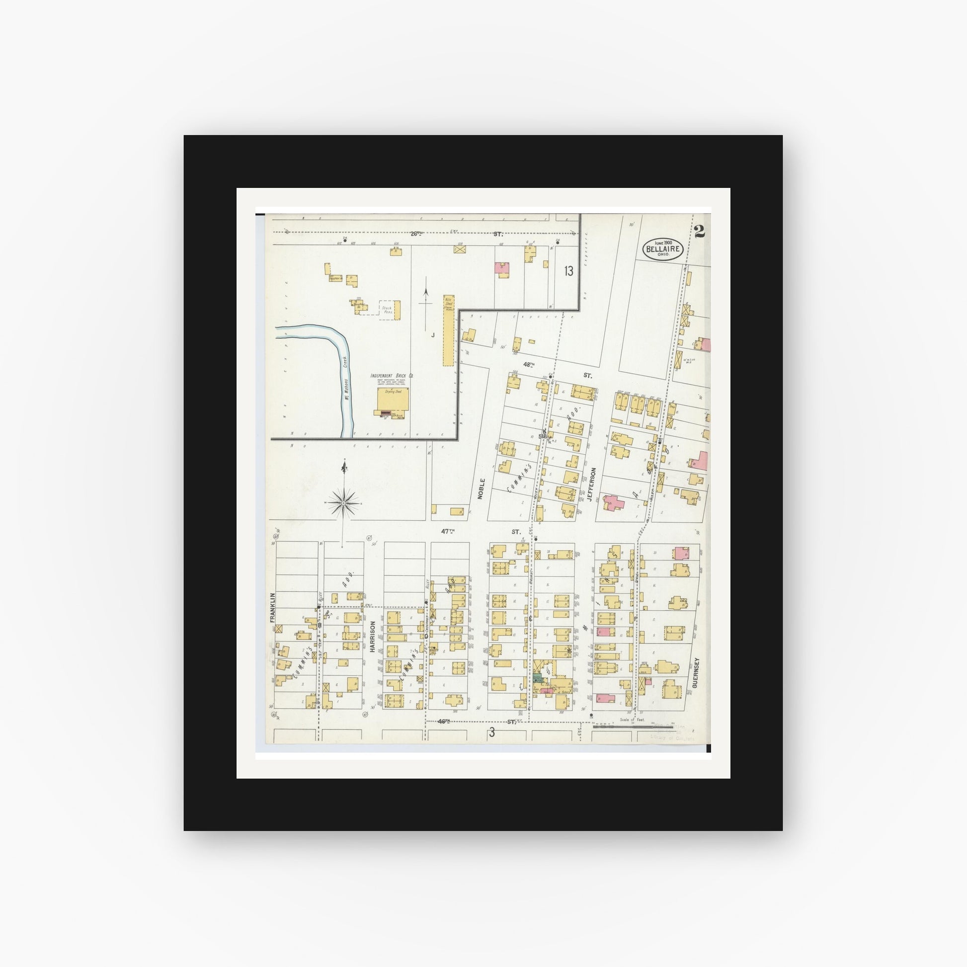 Old map wall art mockup — black gallery frame with white mat — Sanborn Fire Insurance Map from Bellaire, Belmont County, Ohio (1900), Sheet #0002
