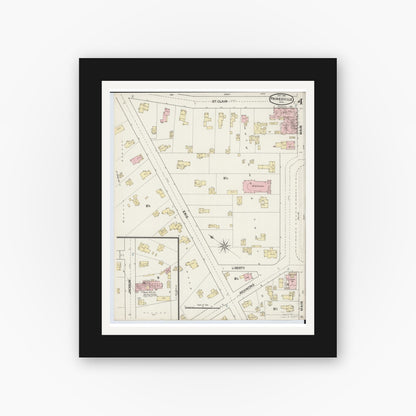 Old map wall art mockup — black gallery frame with white mat — Sanborn Fire Insurance Map from Painesville, Lake County, Ohio (1889), Sheet #0004