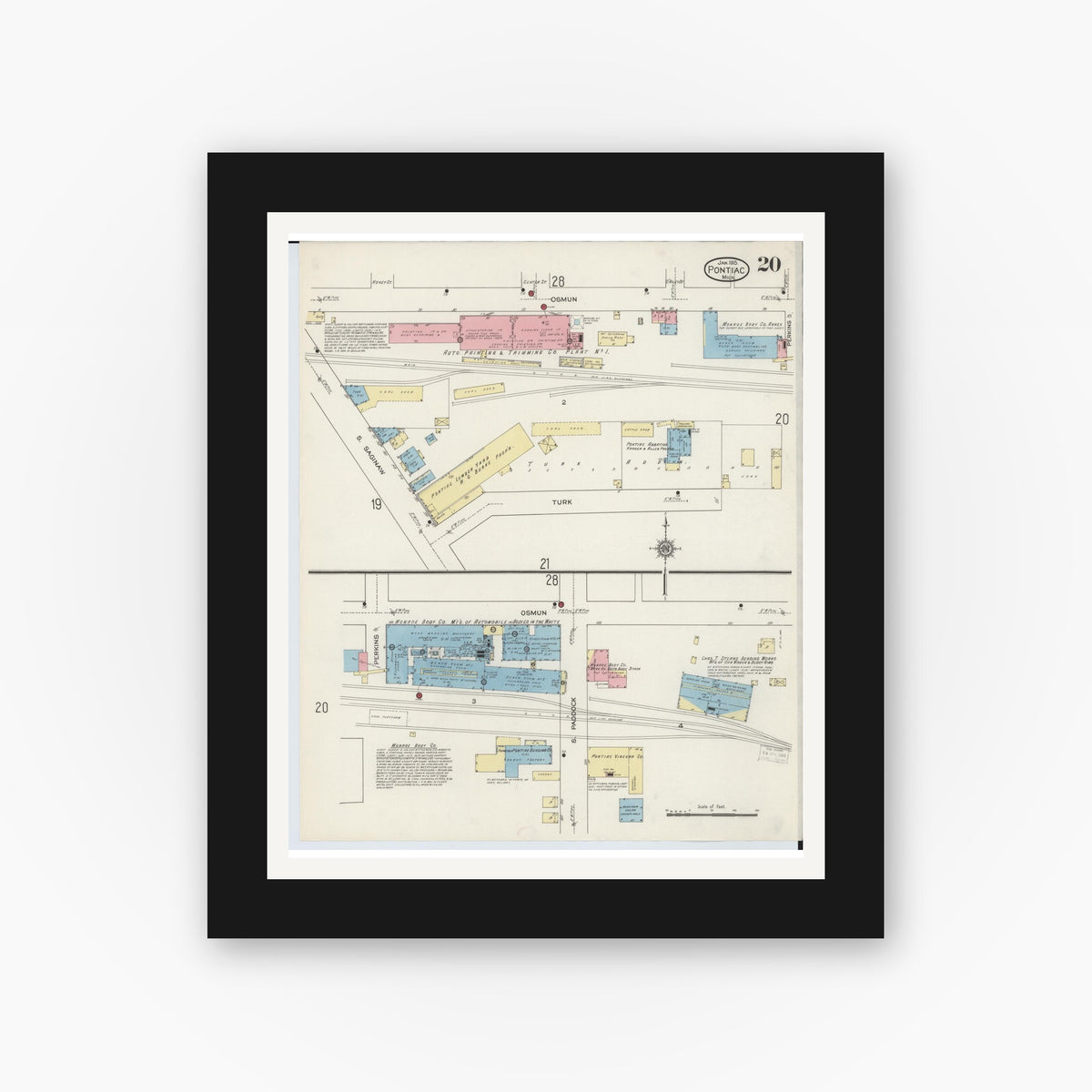Old map wall art mockup — black gallery frame with white mat — Sanborn Fire Insurance Map from Pontiac, Oakland County, Michigan (1915), Sheet #0020