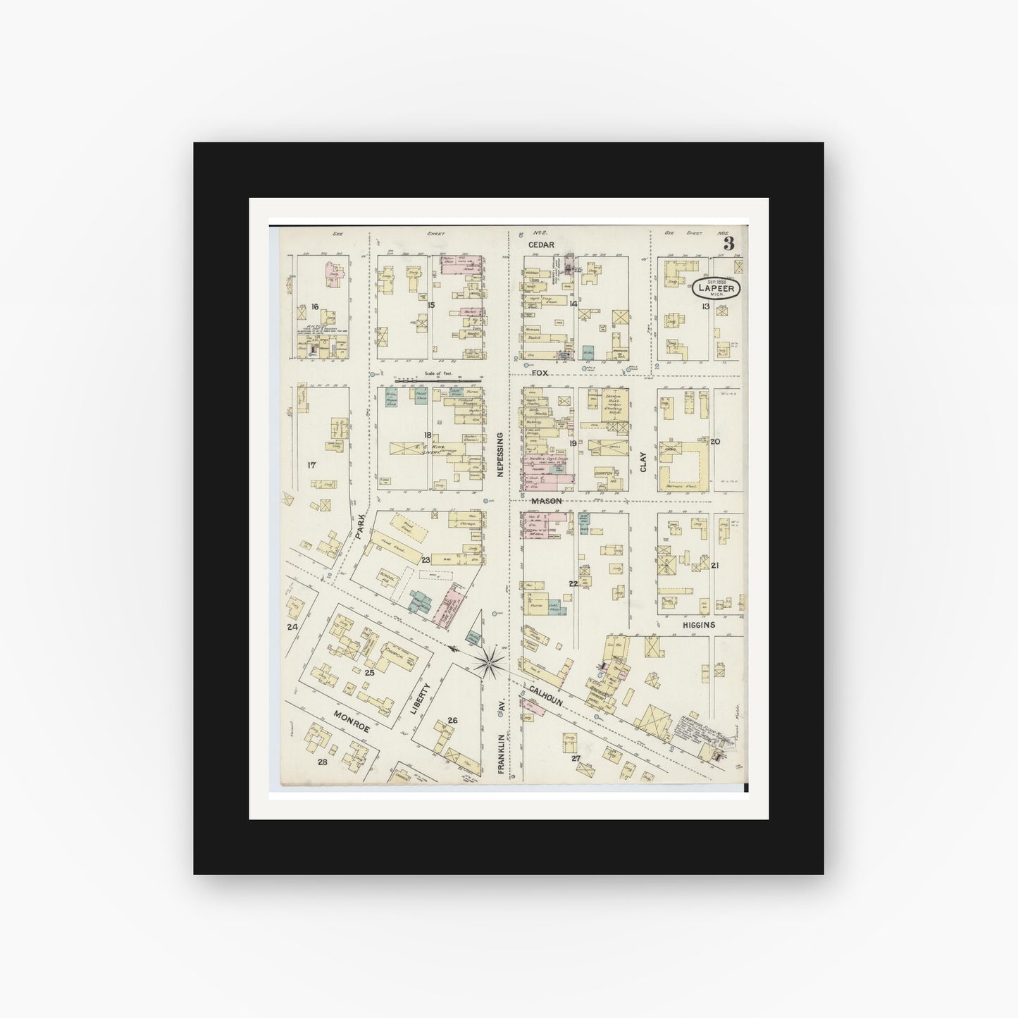 Old map wall art mockup — black gallery frame with white mat — Sanborn Fire Insurance Map from Lapeer, Lapeer County, Michigan (1888), Sheet #0003