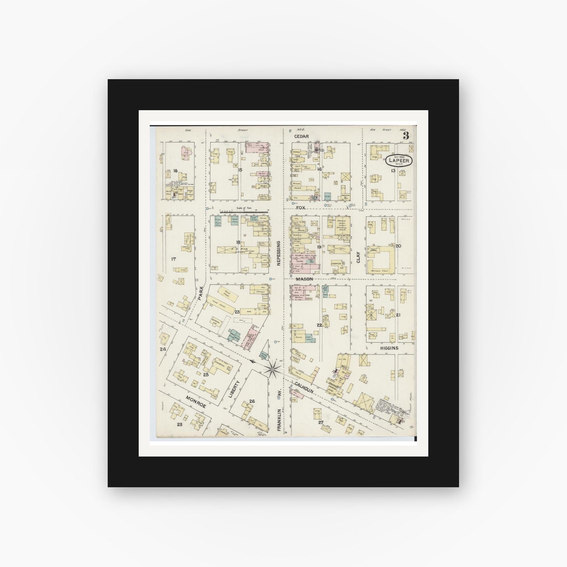 Old map wall art mockup — black gallery frame with white mat — Sanborn Fire Insurance Map from Lapeer, Lapeer County, Michigan (1888), Sheet #0003