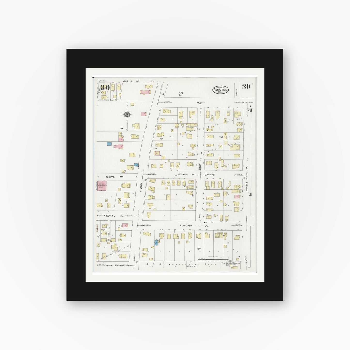 Old map wall art mockup — black gallery frame with white mat — Sanborn Fire Insurance Map from Ann Arbor, Washtenaw County, Michigan (1925), Sheet #0030