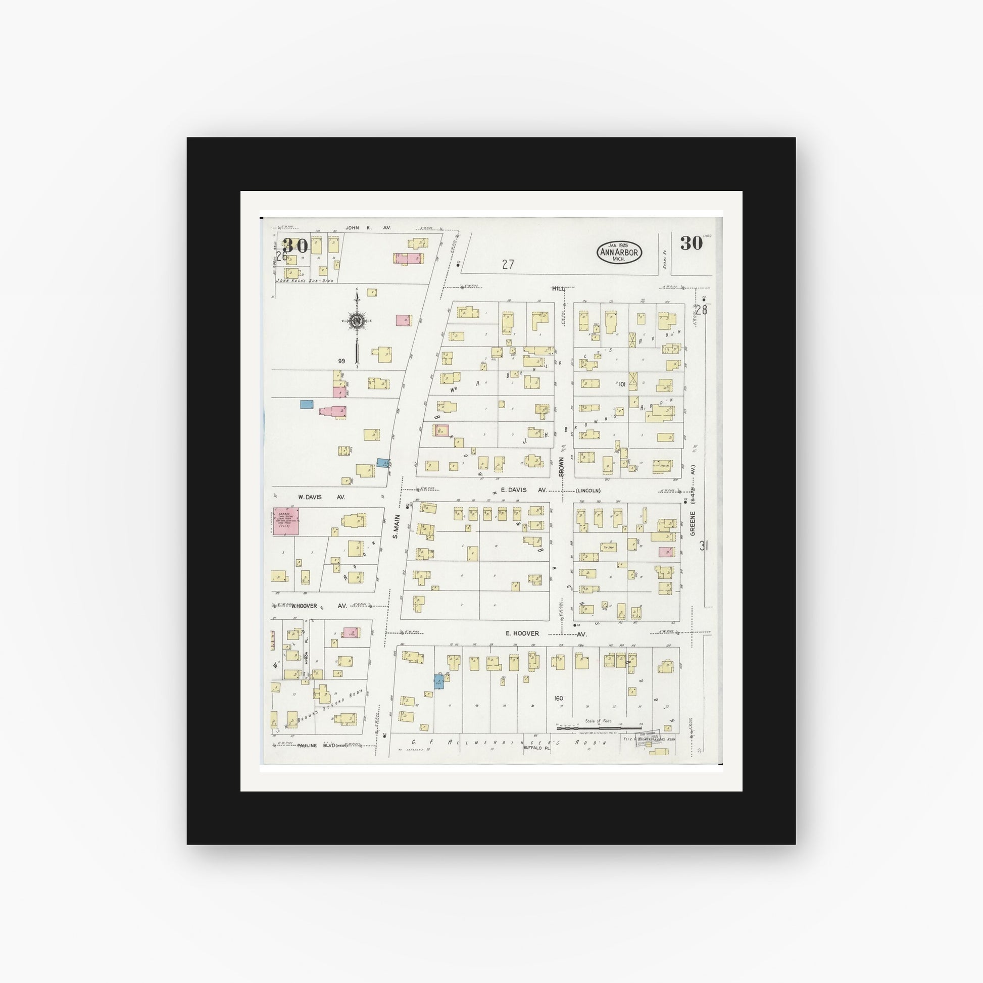 Old map wall art mockup — black gallery frame with white mat — Sanborn Fire Insurance Map from Ann Arbor, Washtenaw County, Michigan (1925), Sheet #0030