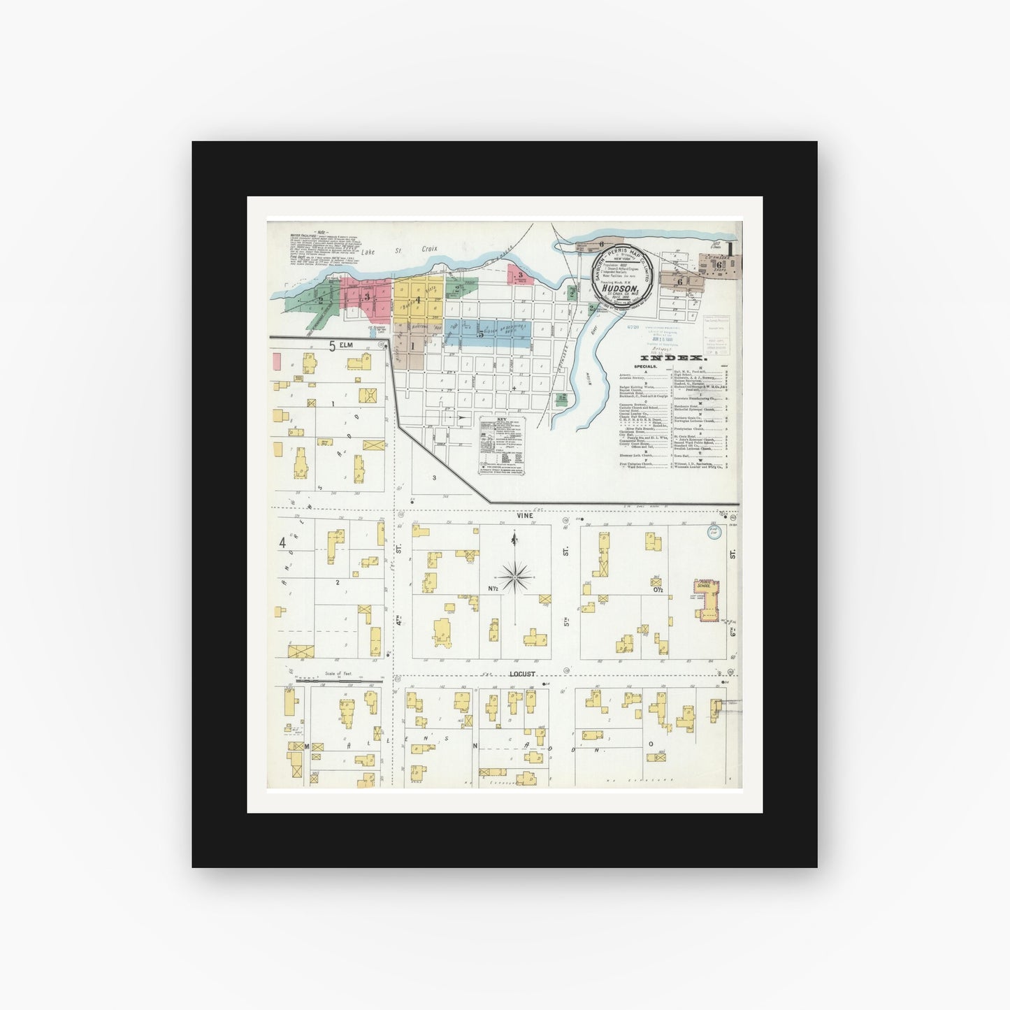 Old map wall art mockup — black gallery frame with white mat — Sanborn Fire Insurance Map from Hudson, St. Croix County, Wisconsin (1900) - Complete Map Set