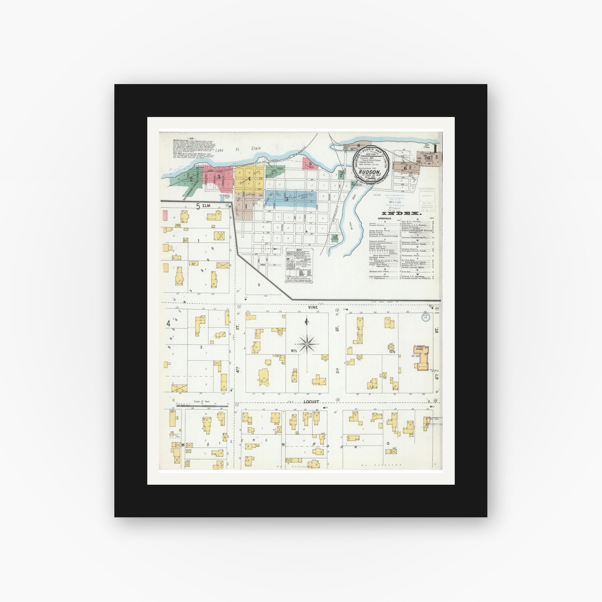 Old map wall art mockup — black gallery frame with white mat — Sanborn Fire Insurance Map from Hudson, St. Croix County, Wisconsin (1900) - Complete Map Set