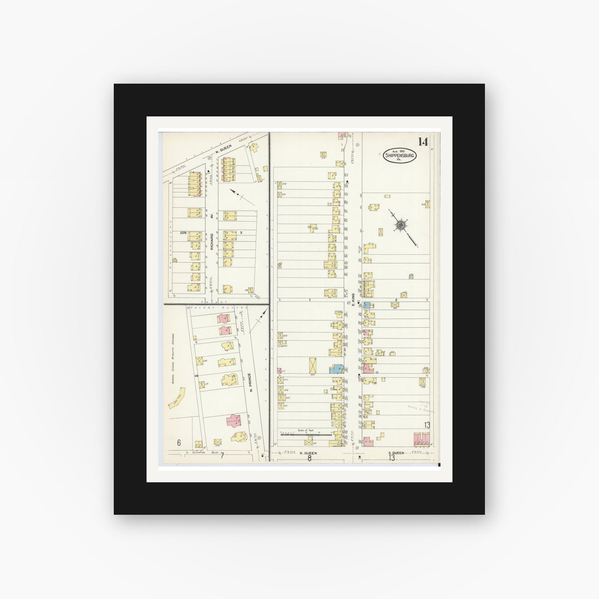 Old map wall art mockup — black gallery frame with white mat — Sanborn Fire Insurance Map from Shippensburg, Cumberland And Franklin Counties, Pennsylvania (1910), Sheet #0014
