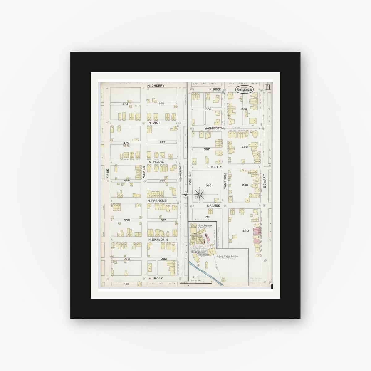 Old map wall art mockup — black gallery frame with white mat — Sanborn Fire Insurance Map from Shamokin, Northumberland County, Pennsylvania (1891), Sheet #0011