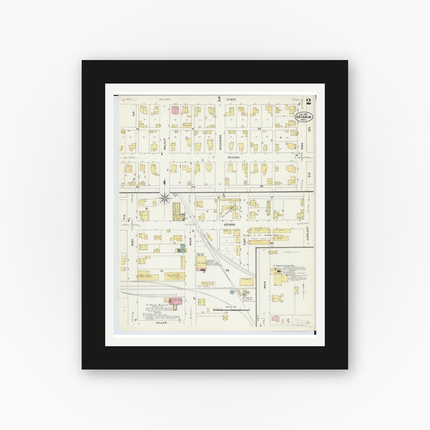 Old map wall art mockup — black gallery frame with white mat — Sanborn Fire Insurance Map from Arcanum, Darke County, Ohio (1907), Sheet #0002