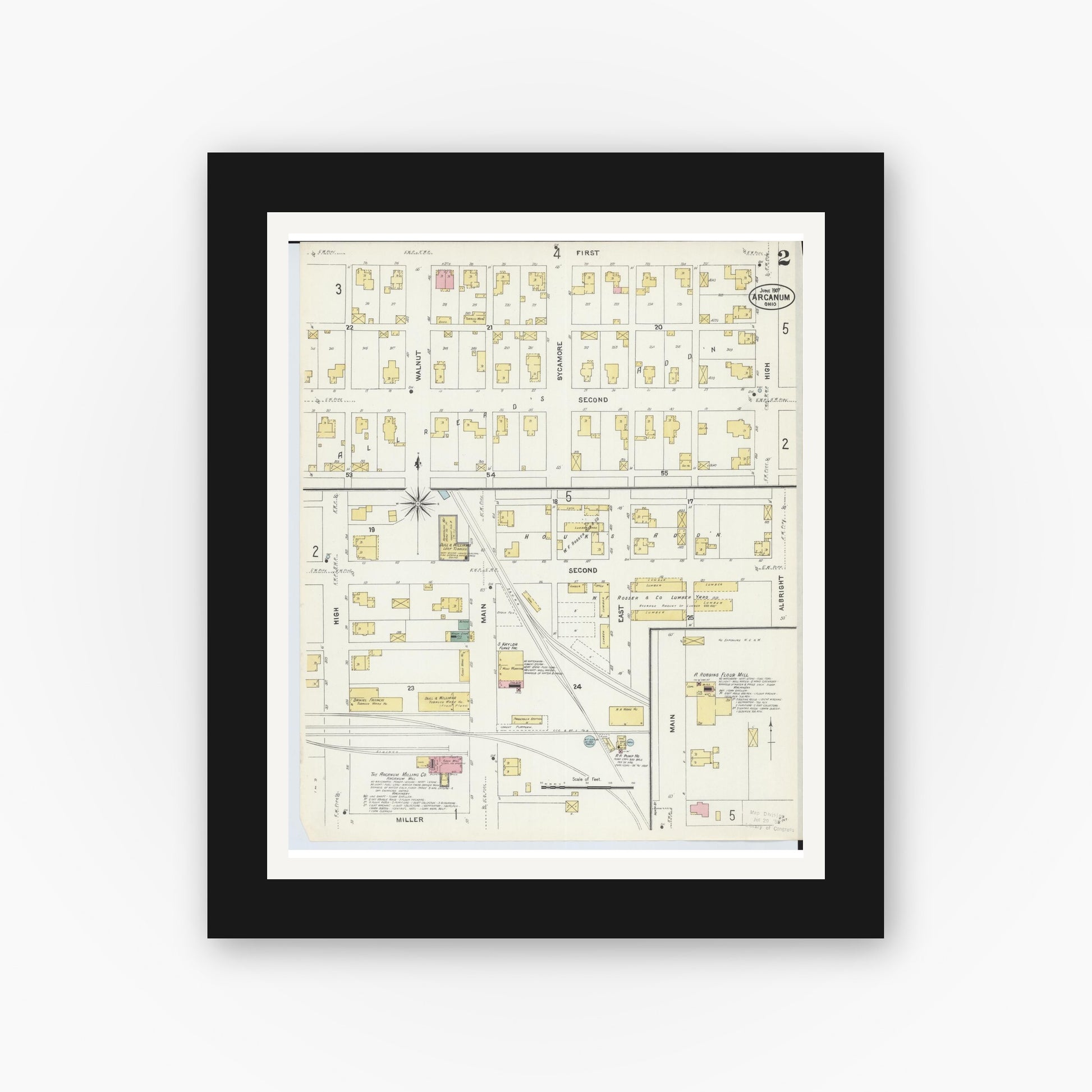 Old map wall art mockup — black gallery frame with white mat — Sanborn Fire Insurance Map from Arcanum, Darke County, Ohio (1907), Sheet #0002