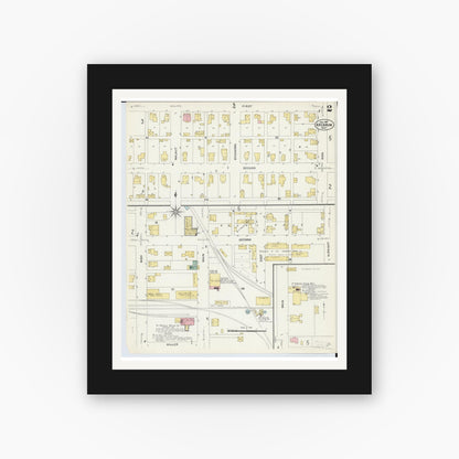 Old map wall art mockup — black gallery frame with white mat — Sanborn Fire Insurance Map from Arcanum, Darke County, Ohio (1907), Sheet #0002