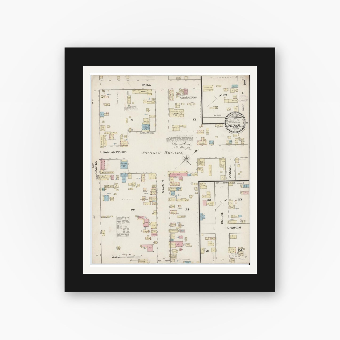 Old map wall art mockup — black gallery frame with white mat — Sanborn Fire Insurance Map from New Braunfels, Comal County, Texas (1885), Sheet #0001