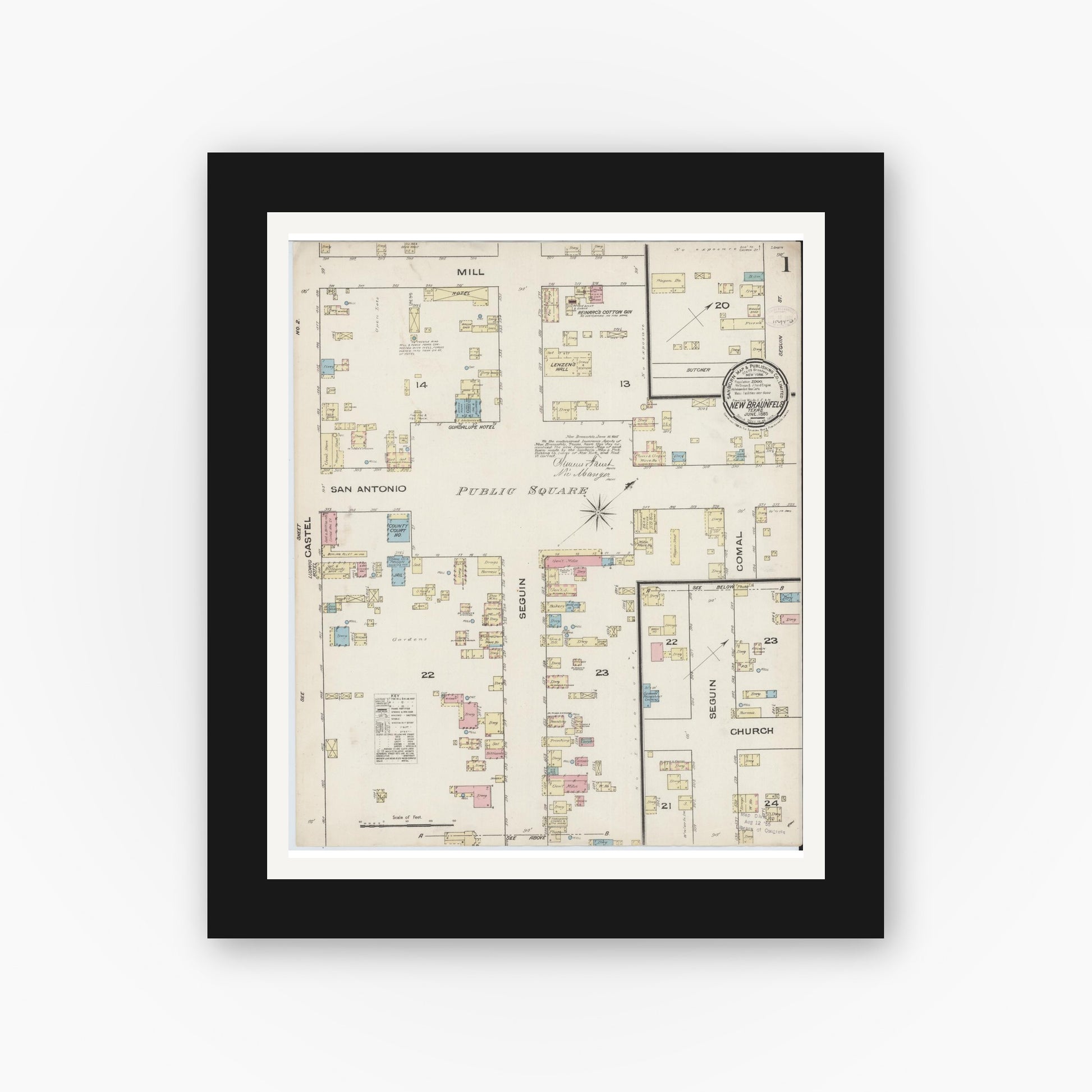 Old map wall art mockup — black gallery frame with white mat — Sanborn Fire Insurance Map from New Braunfels, Comal County, Texas (1885), Sheet #0001