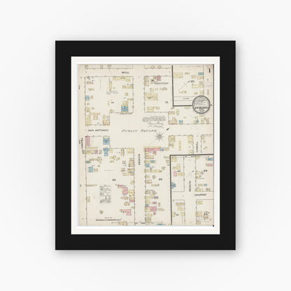 Old map wall art mockup — black gallery frame with white mat — Sanborn Fire Insurance Map from New Braunfels, Comal County, Texas (1885), Sheet #0001