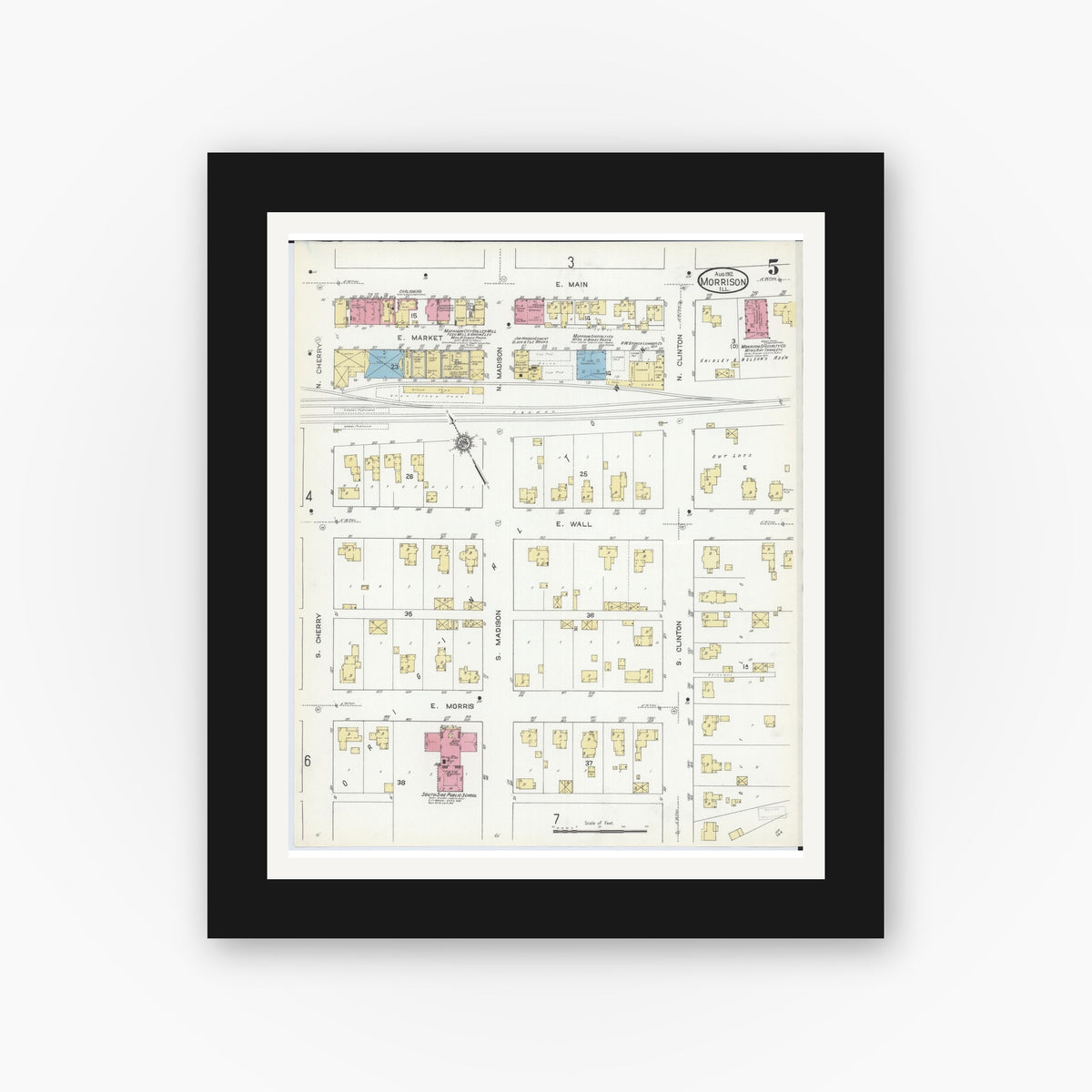 Old map wall art mockup — black gallery frame with white mat — Sanborn Fire Insurance Map from Morrison, Whiteside County, Illinois (1912), Sheet #0005