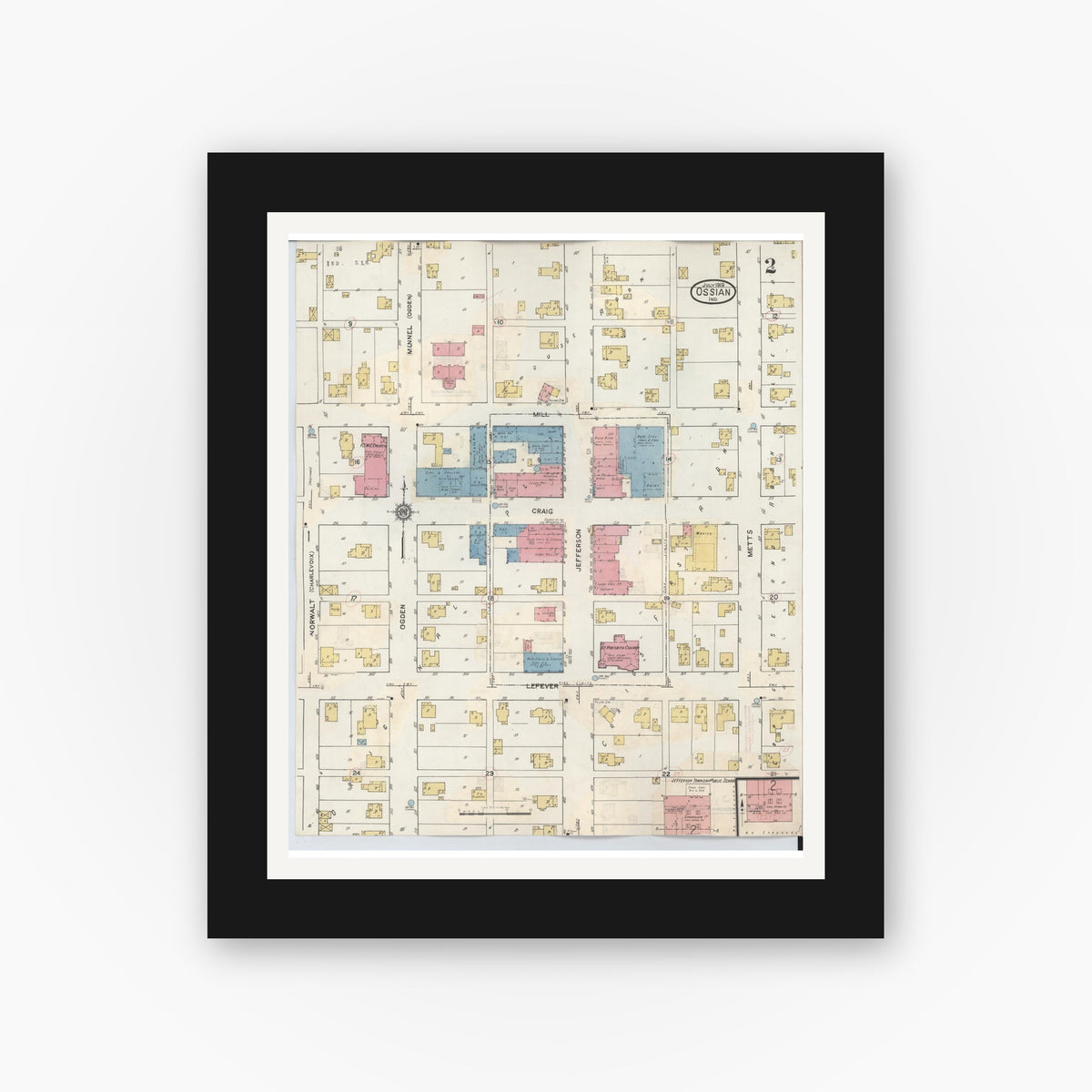 Old map wall art mockup — black gallery frame with white mat — Sanborn Fire Insurance Map from Ossian, Wells County, Indiana (1933), Sheet #0002