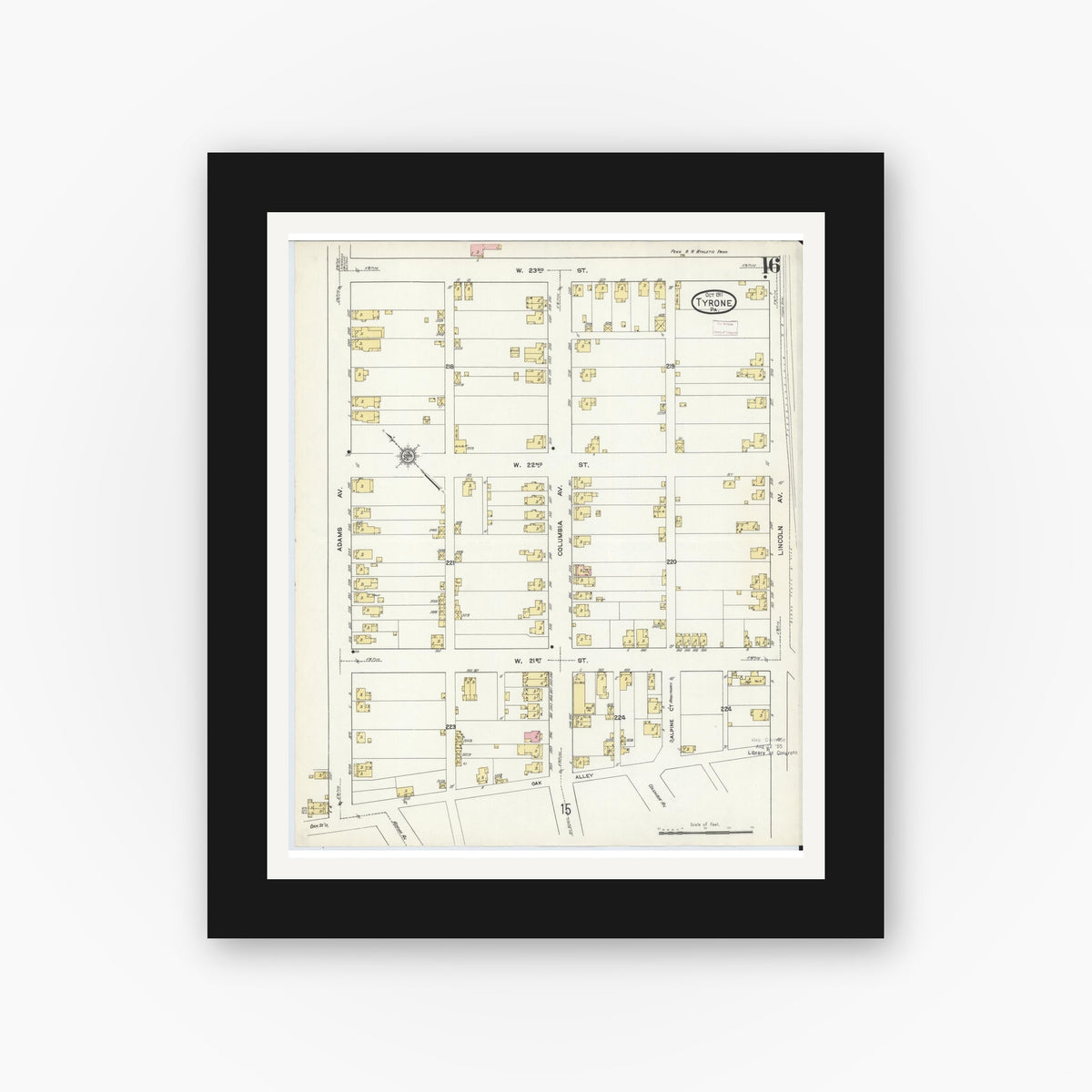 Old map wall art mockup — black gallery frame with white mat — Sanborn Fire Insurance Map from Tyrone, Blair County, Pennsylvania (1911), Sheet #0016