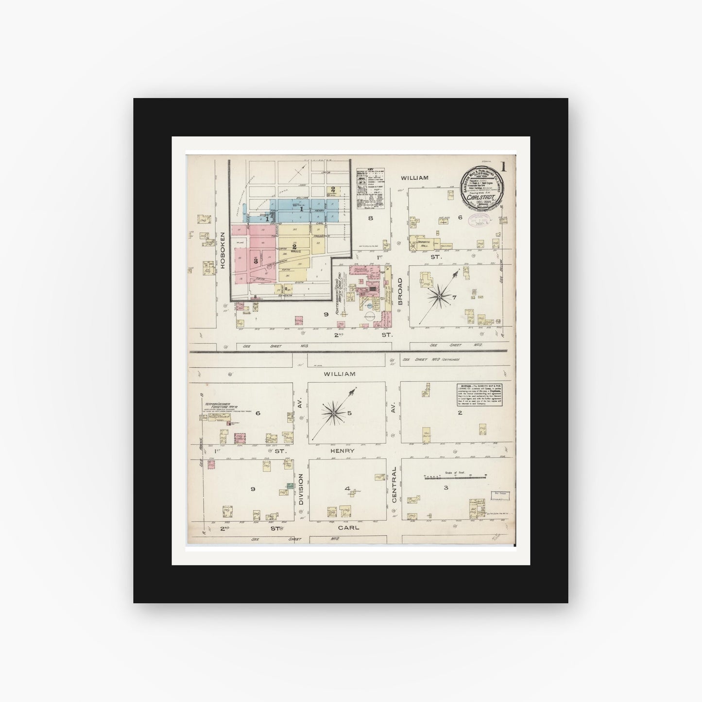 Old map wall art mockup — black gallery frame with white mat — Sanborn Fire Insurance Map from Carlstadt, Bergen County, New Jersey (1884) - Complete Map Set