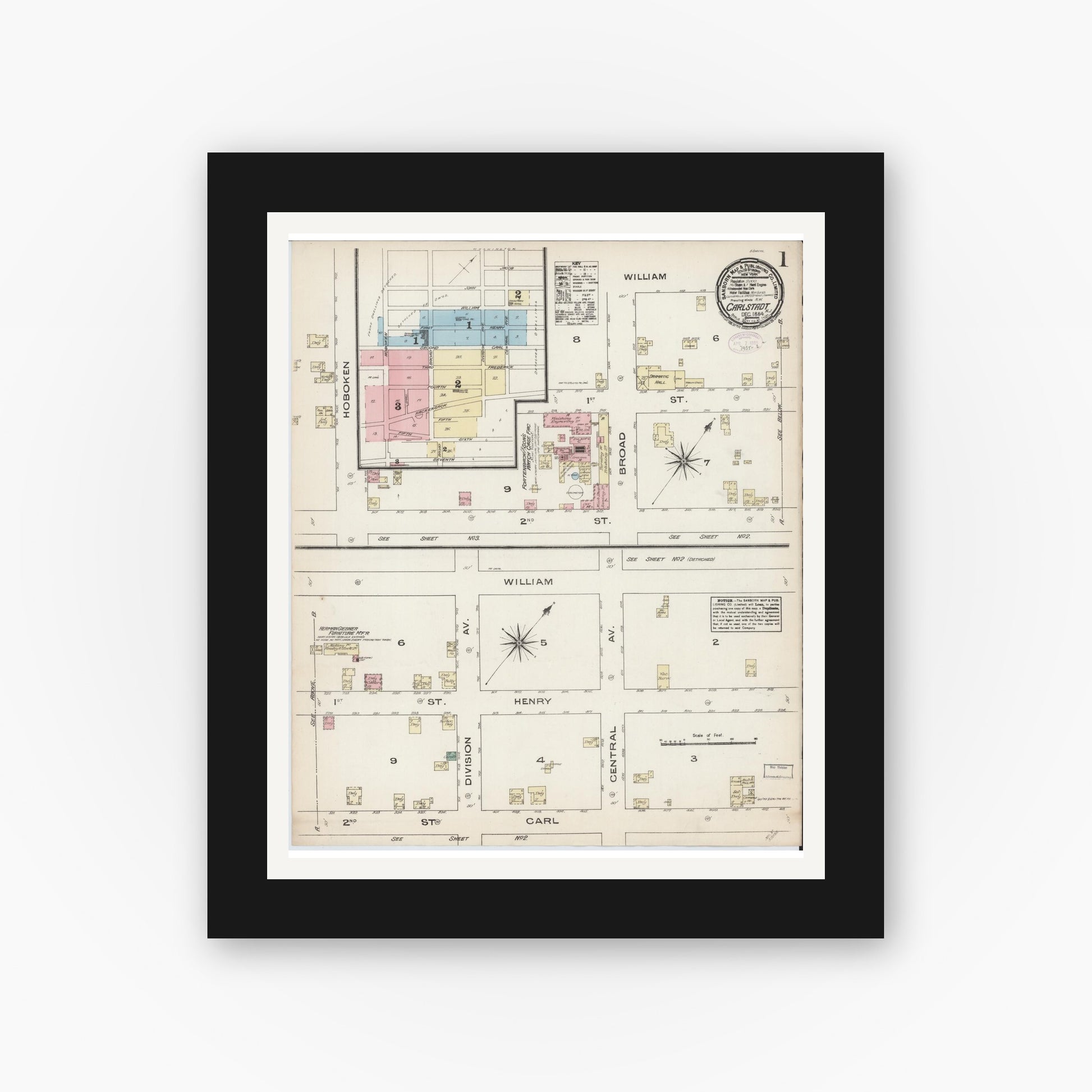 Old map wall art mockup — black gallery frame with white mat — Sanborn Fire Insurance Map from Carlstadt, Bergen County, New Jersey (1884) - Complete Map Set