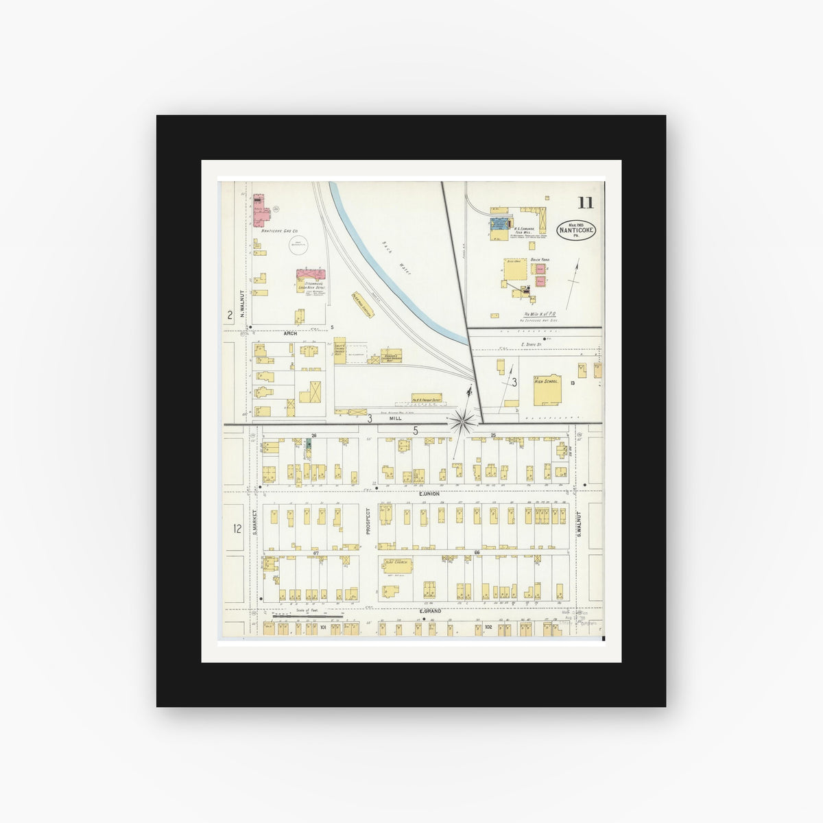 Old map wall art mockup — black gallery frame with white mat — Sanborn Fire Insurance Map from Nanticoke, Luzerne County, Pennsylvania (1903), Sheet #0011