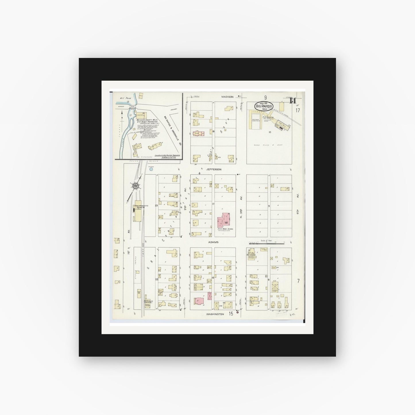Old map wall art mockup — black gallery frame with white mat — Sanborn Fire Insurance Map from Big Rapids, Mecosta County, Michigan (1914), Sheet #0014