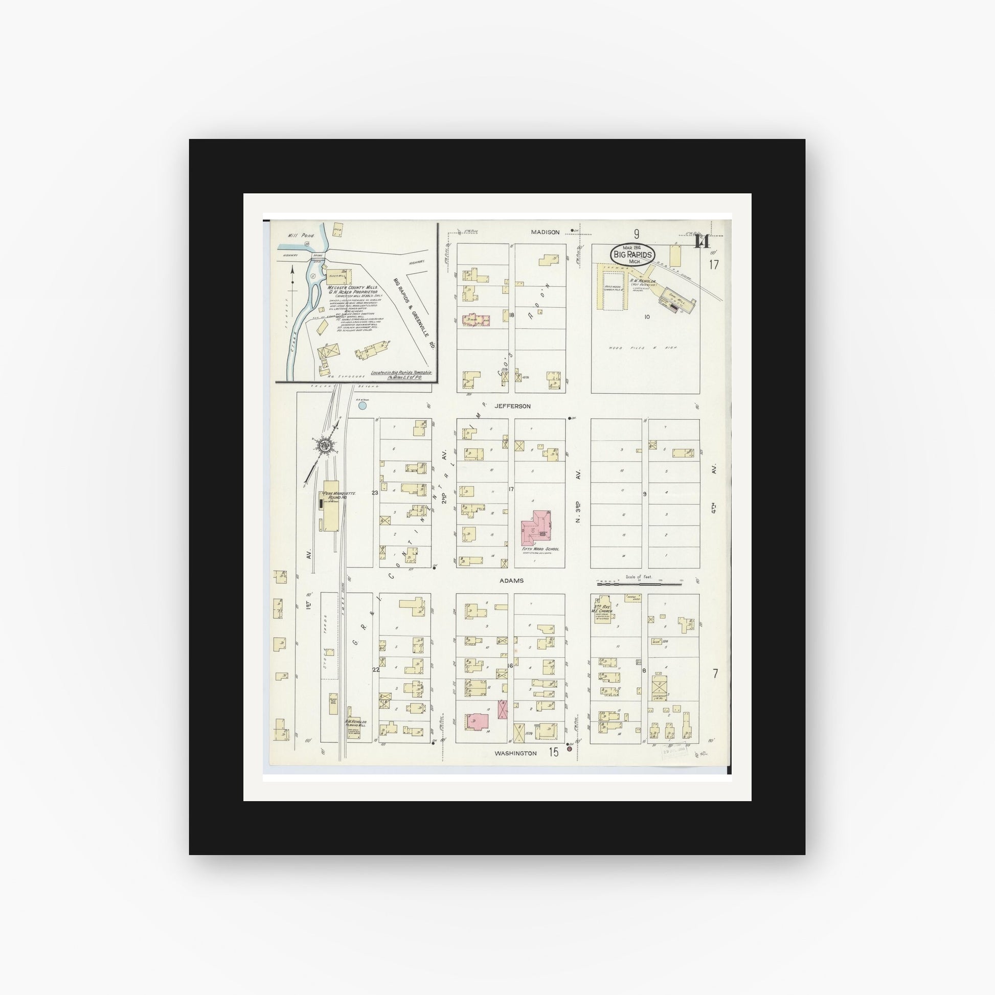 Old map wall art mockup — black gallery frame with white mat — Sanborn Fire Insurance Map from Big Rapids, Mecosta County, Michigan (1914), Sheet #0014