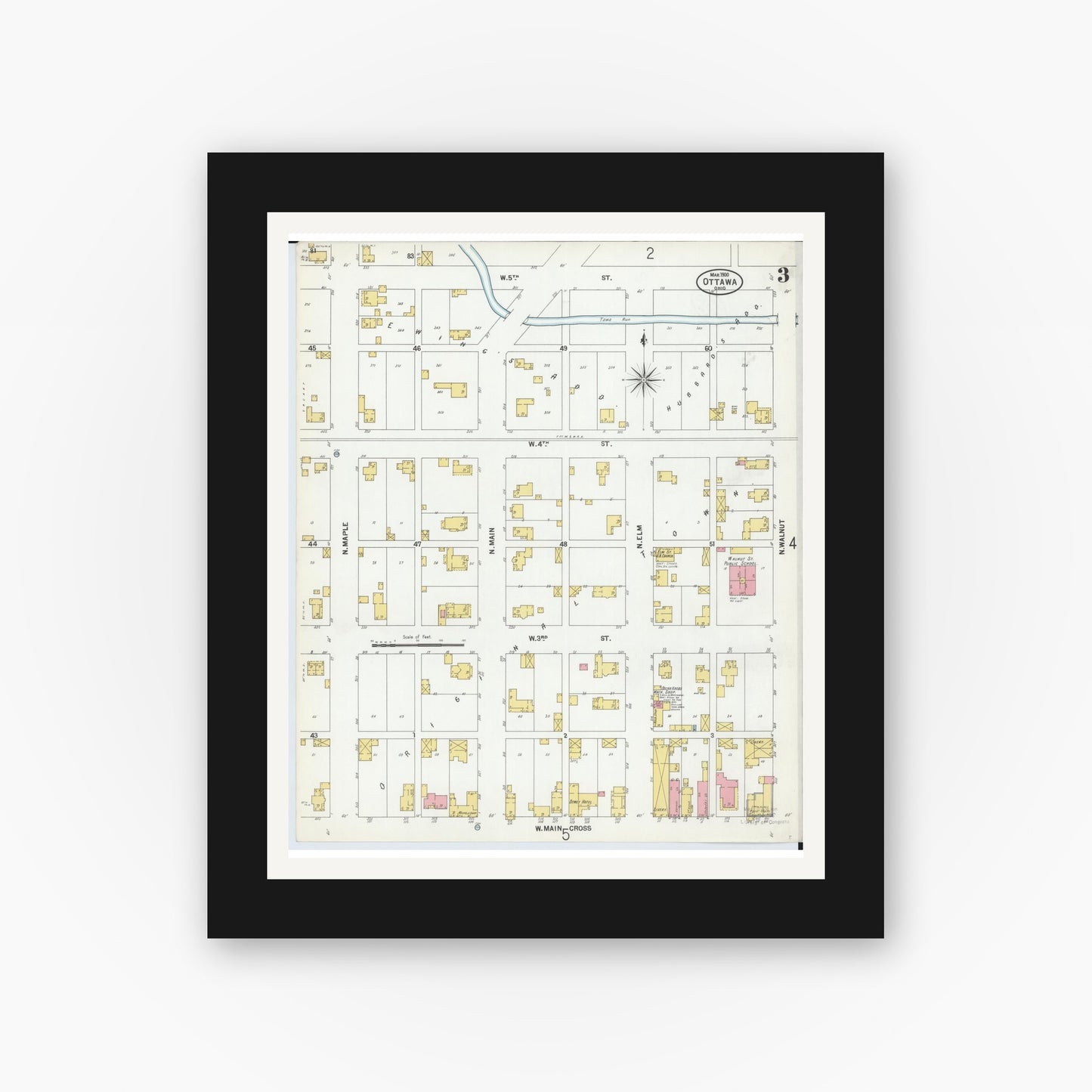 Old map wall art mockup — black gallery frame with white mat — Sanborn Fire Insurance Map from Ottawa, Putnam County, Ohio (1900), Sheet #0003