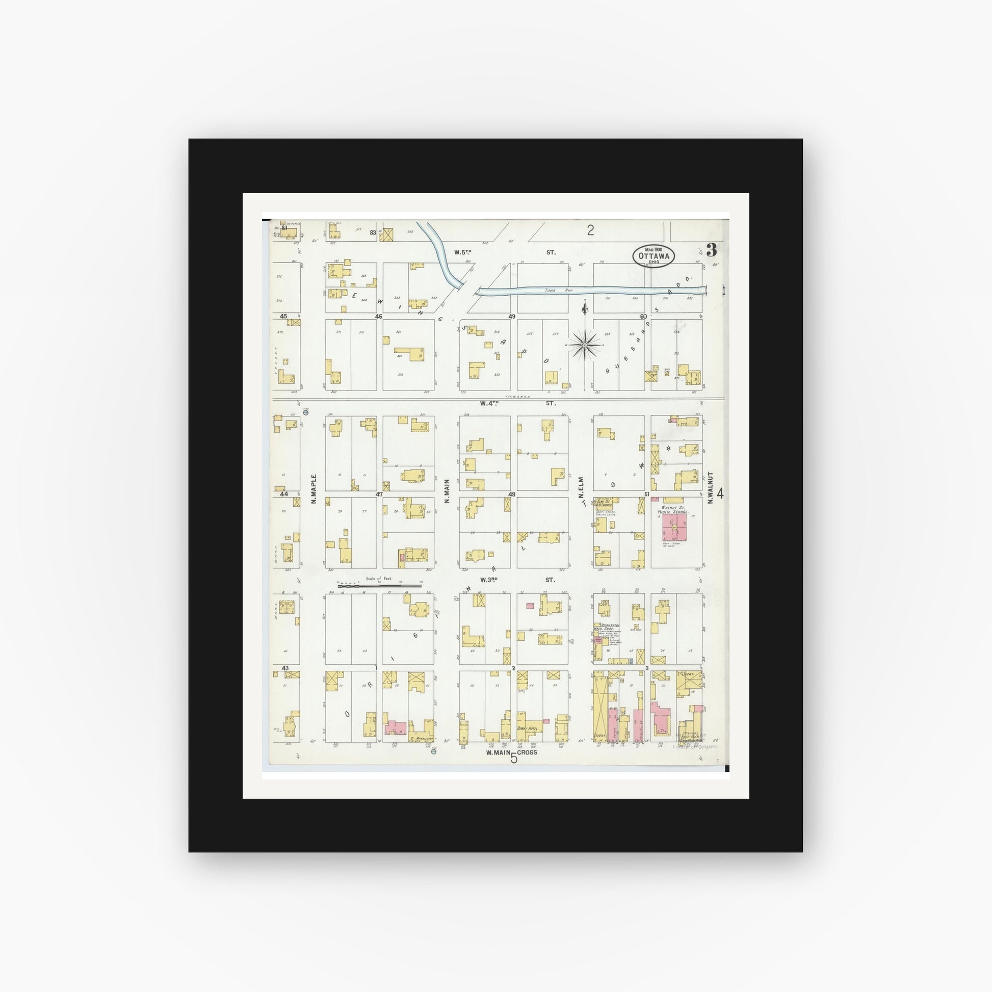 Old map wall art mockup — black gallery frame with white mat — Sanborn Fire Insurance Map from Ottawa, Putnam County, Ohio (1900), Sheet #0003
