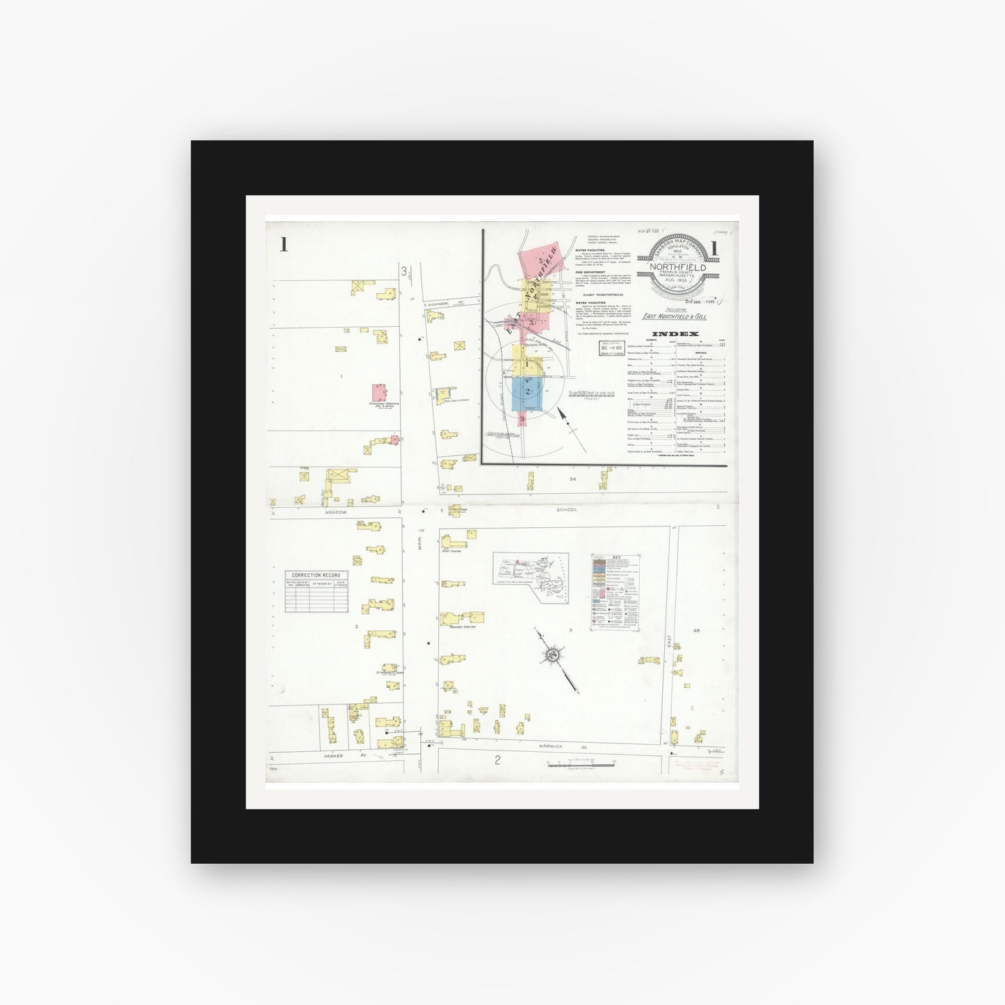 Old map wall art mockup — black gallery frame with white mat — Sanborn Fire Insurance Map from Northfield, Franklin County, Massachusetts (1933) - Complete Map Set