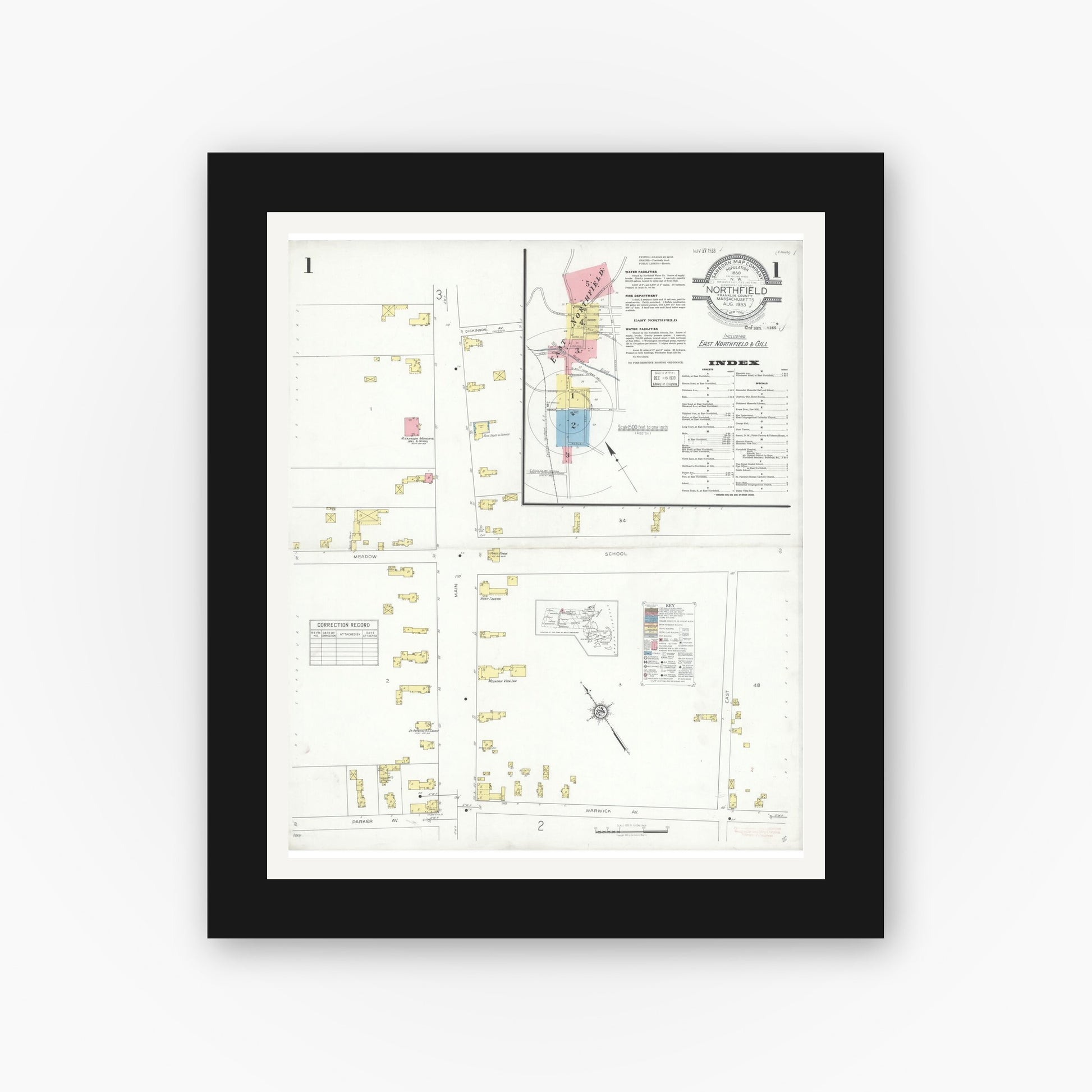 Old map wall art mockup — black gallery frame with white mat — Sanborn Fire Insurance Map from Northfield, Franklin County, Massachusetts (1933) - Complete Map Set