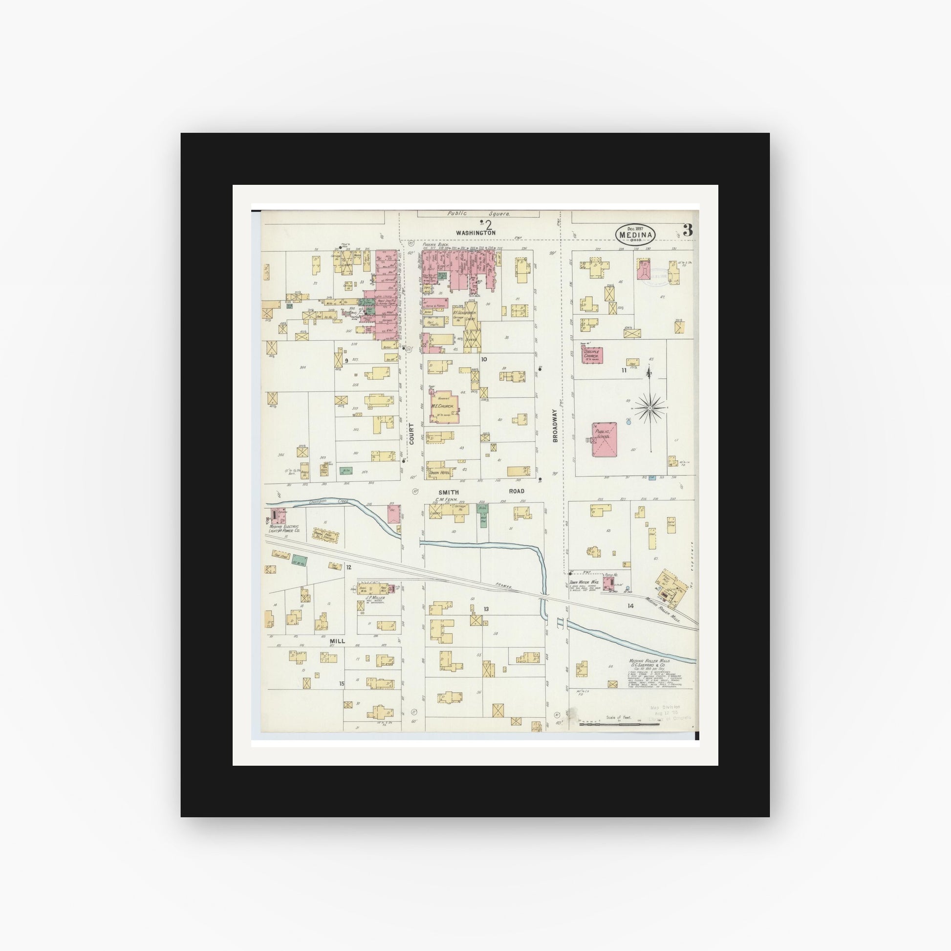 Old map wall art mockup — black gallery frame with white mat — Sanborn Fire Insurance Map from Medina, Medina County, Ohio (1897), Sheet #0003