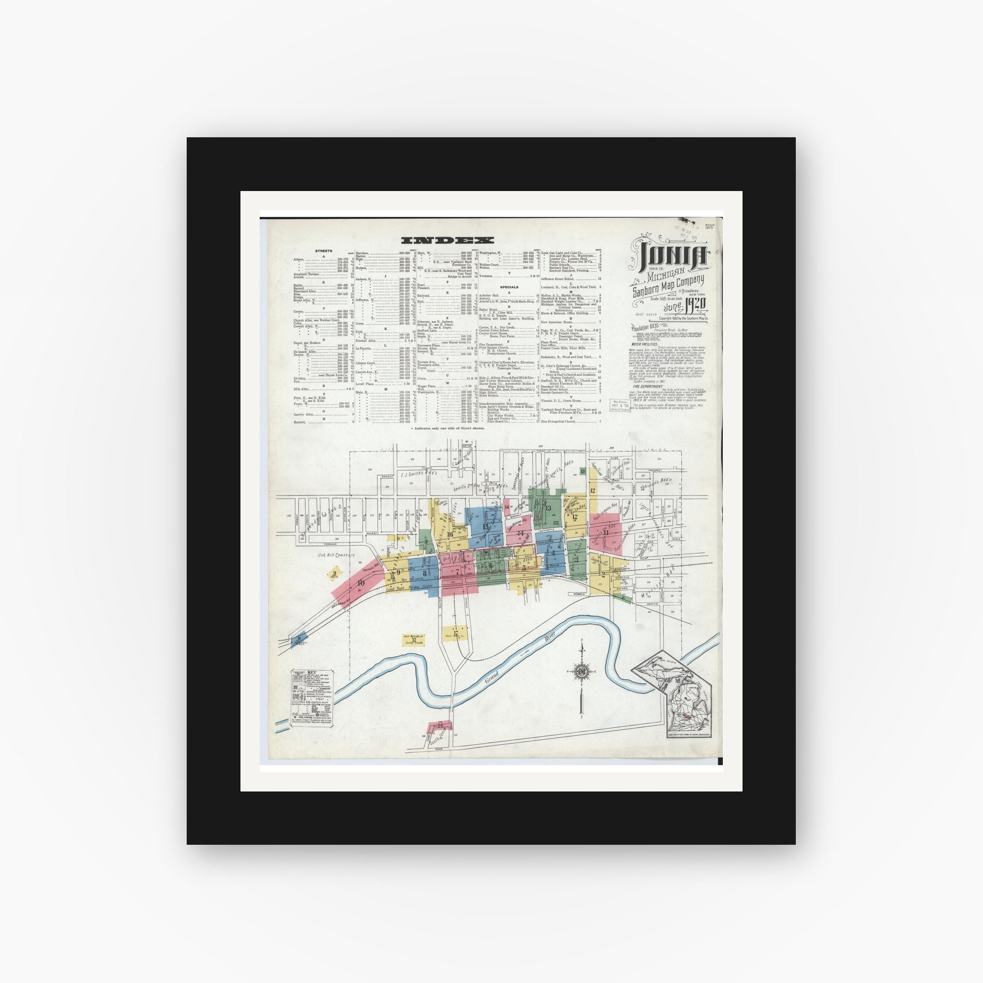 Old map wall art mockup — black gallery frame with white mat — Sanborn Fire Insurance Map from Ionia, Ionia County, Michigan (1920), Sheet #0001