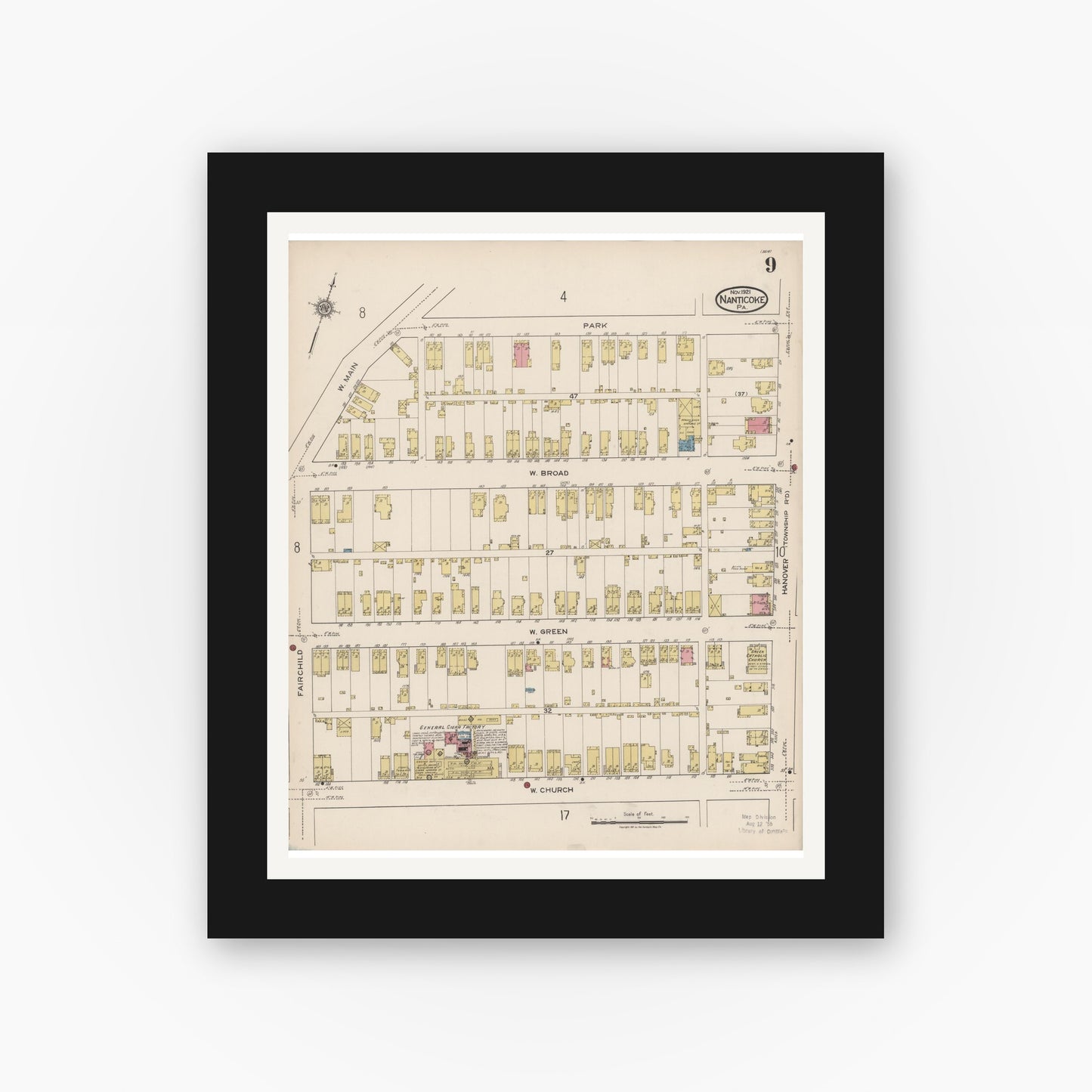 Old map wall art mockup — black gallery frame with white mat — Sanborn Fire Insurance Map from Nanticoke, Luzerne County, Pennsylvania (1920), Sheet #0009