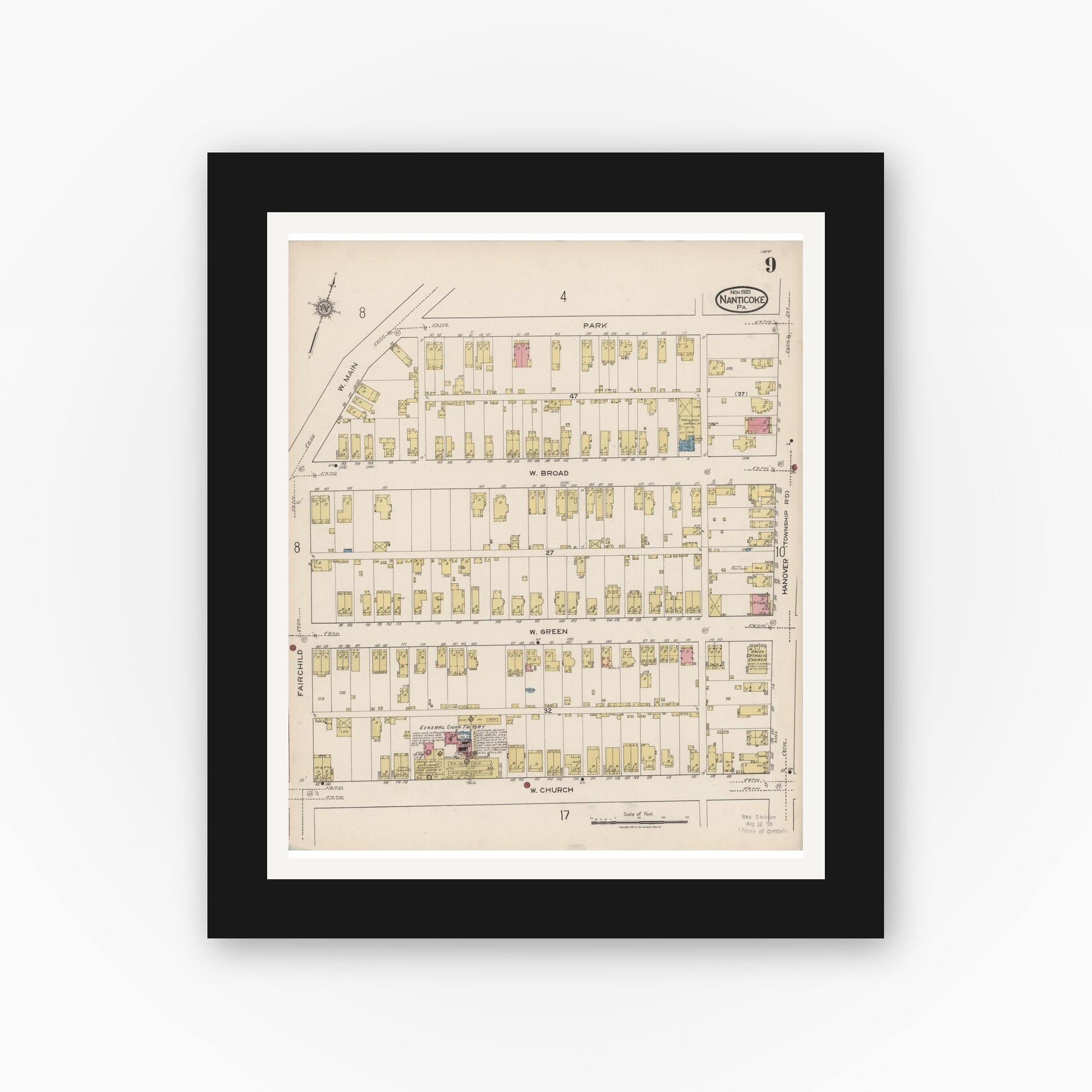Old map wall art mockup — black gallery frame with white mat — Sanborn Fire Insurance Map from Nanticoke, Luzerne County, Pennsylvania (1920), Sheet #0009