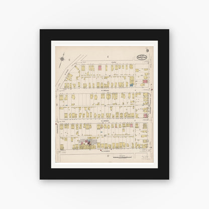 Old map wall art mockup — black gallery frame with white mat — Sanborn Fire Insurance Map from Nanticoke, Luzerne County, Pennsylvania (1920), Sheet #0009