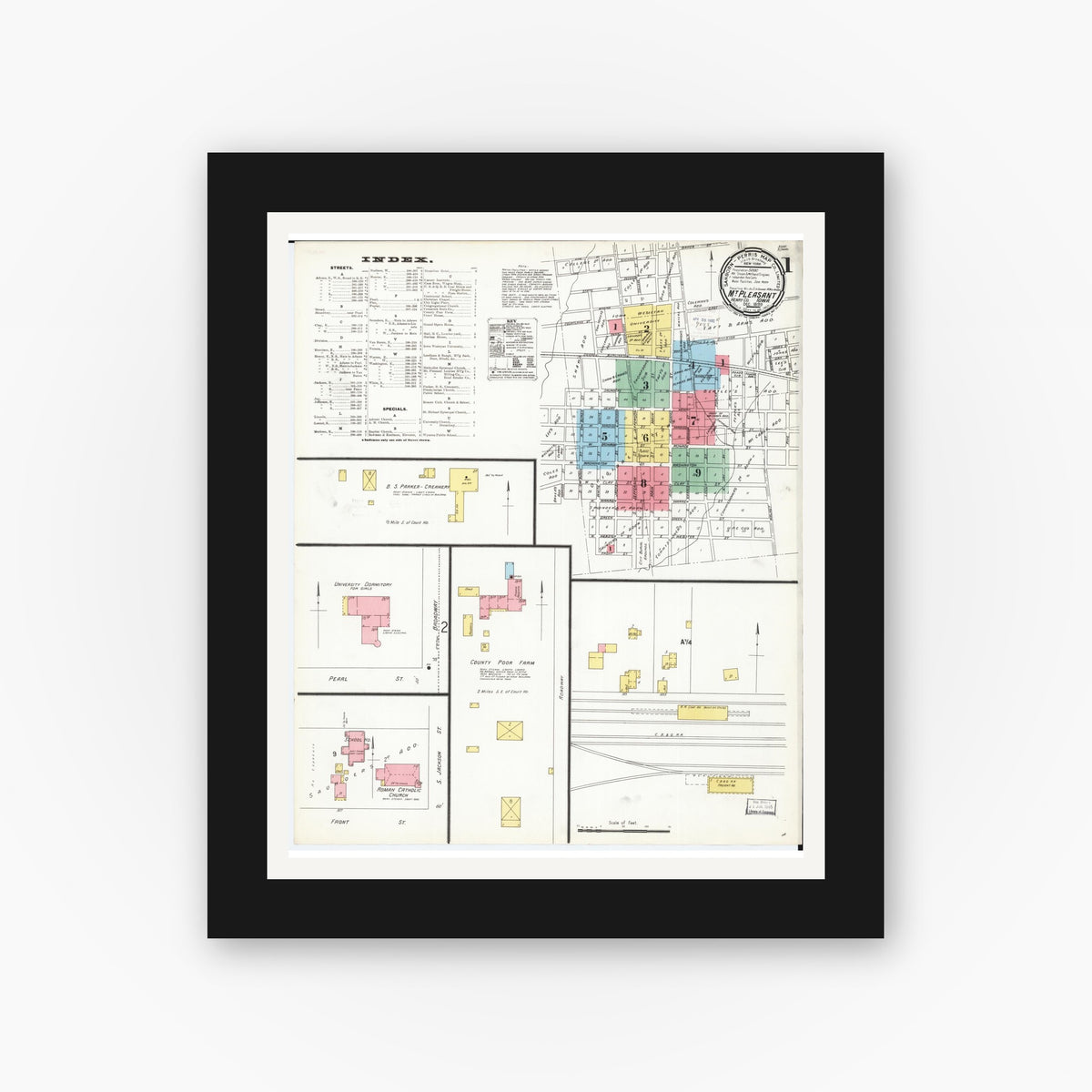 Old map wall art mockup — black gallery frame with white mat — Sanborn Fire Insurance Map from Mount Pleasant, Henry County, Iowa (1899) â€” Complete Set