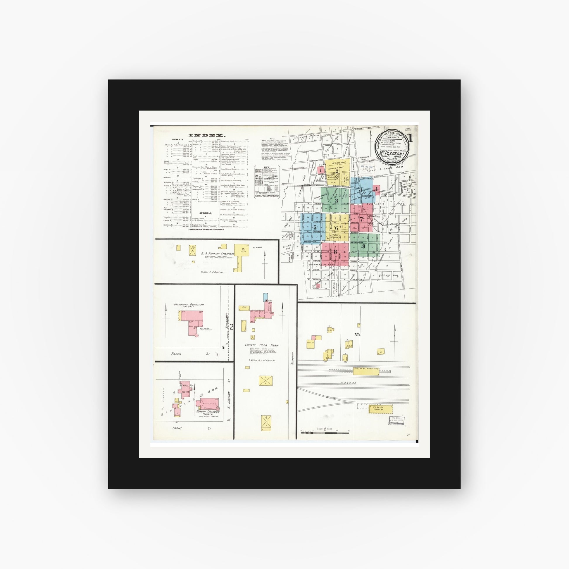 Old map wall art mockup — black gallery frame with white mat — Sanborn Fire Insurance Map from Mount Pleasant, Henry County, Iowa (1899) â€” Complete Set