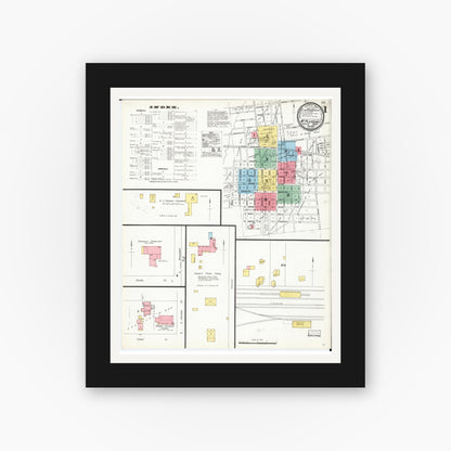 Old map wall art mockup — black gallery frame with white mat — Sanborn Fire Insurance Map from Mount Pleasant, Henry County, Iowa (1899) â€” Complete Set